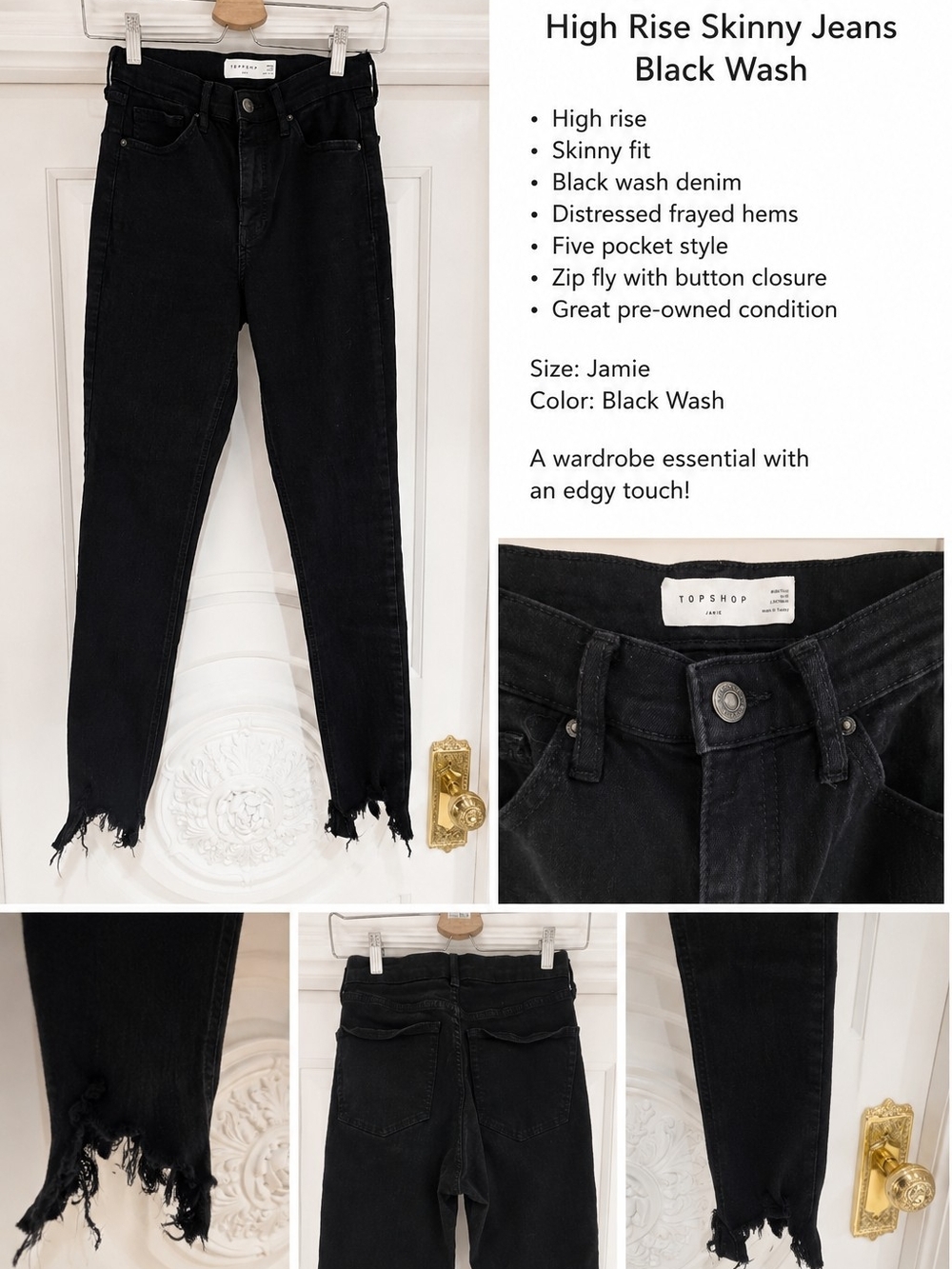 Topshop Black Wash High-Rise Skinny Jeans with Frayed Hems